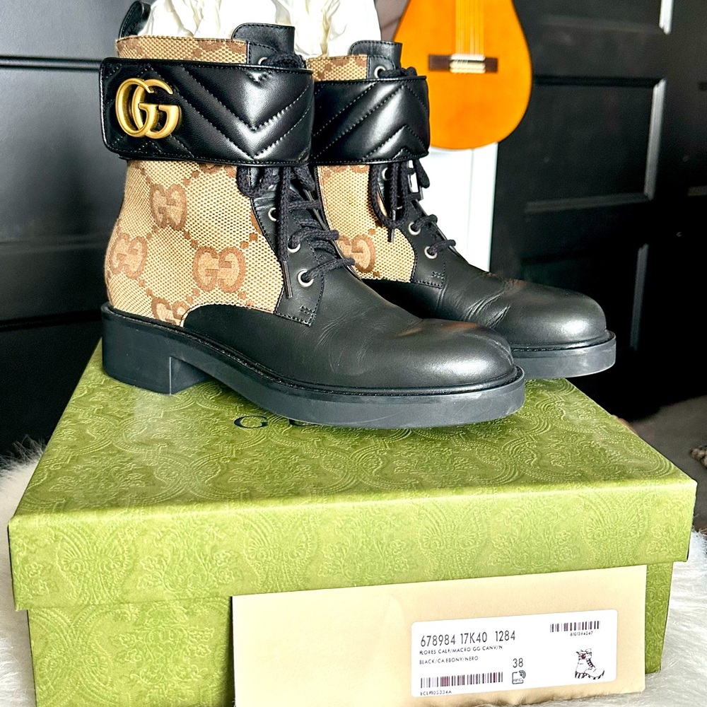 Gucci Marmont GG canvas lace up booties in Flame Grey.